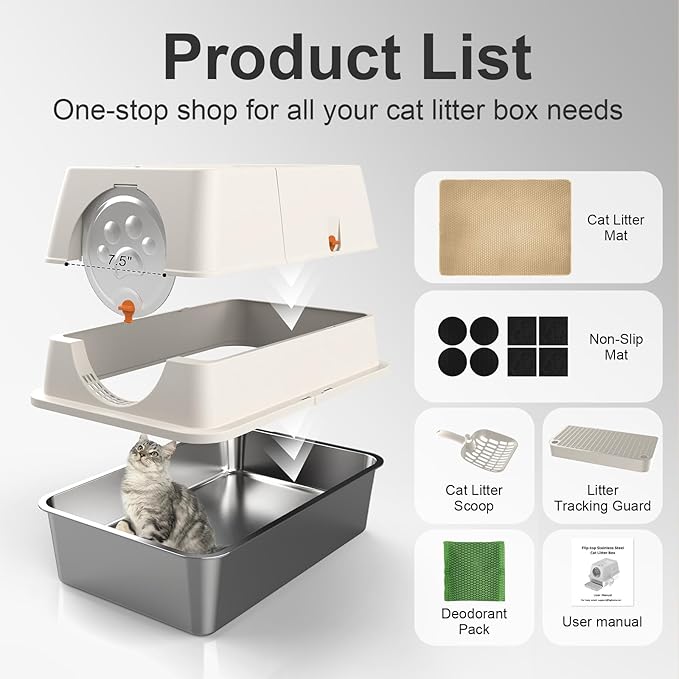 Stainless Steel Litter Box with Lid, XL Extra Large Litter Box, Enclosed Top Entry Metal Litterbox for Big Cats, Easy Cleaning, Less Leakage & High Sided with Mat, Aisle & Scoop, Beige