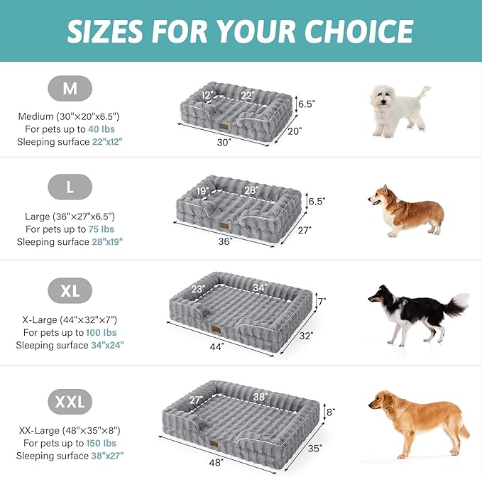 Orthopedic Dog Bed for Extra Large Dog, Soft and Warm Faux Fur Sofa for Giant Pet Up to 150 lbs, Foam Bolster Anti-Slip Couch with Washable Removable Cover, XXL 48x35x8 inch, Grey