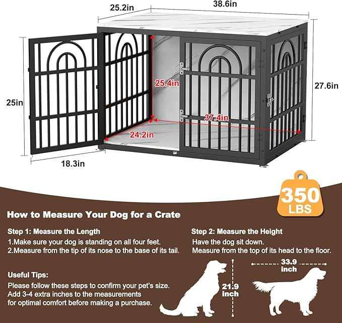 38" Dog Crate Furniture, Heavy Duty Dog Crates, Dog Kennel Furniture Indoor for Medium Dog as TV Stand, Wooden Cage End Table for Indoor Decoration, Name Tag Escape-Proof Locks & Double Door