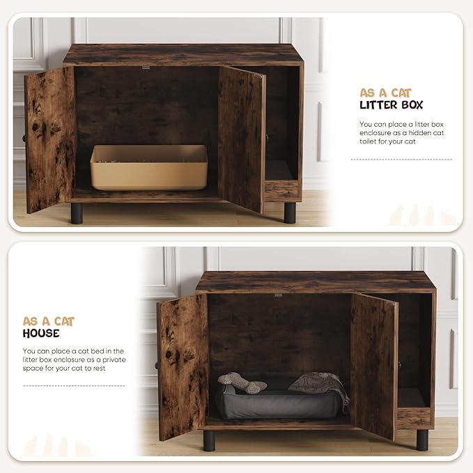WARCAT Cat Litter Box Enclosure, Modern Hidden Litter Box Enclosure Furniture, Hidden Washroom with Scratch Pad, Barn Door Design, Indoor Cat House & End Table (Rustic Brown)