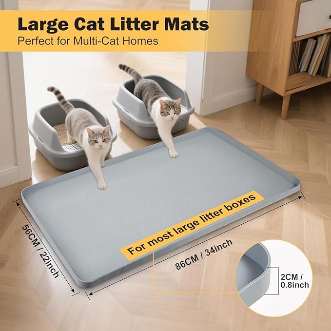 SpaceTime 34"X22" Large Cat Litter Mat Litter Trapping Mat for Cat,XL Litter Box Mat for Kitty,Waterproof & Urine Proof Extra Large Silicone Pad for Floor,Non-Slip,Raised Edges (Silicone-Grey)