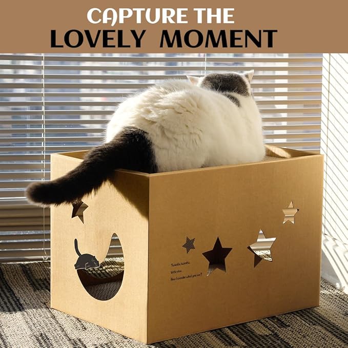 Cat Cardboard House with 2 PCS Scratching Pads，Large Cat Scratcher Bed Cat Scratchers Lounge for Indoor Cats with Corrugated Board Detachable Cat Scratcher Box for Cats.(Star)