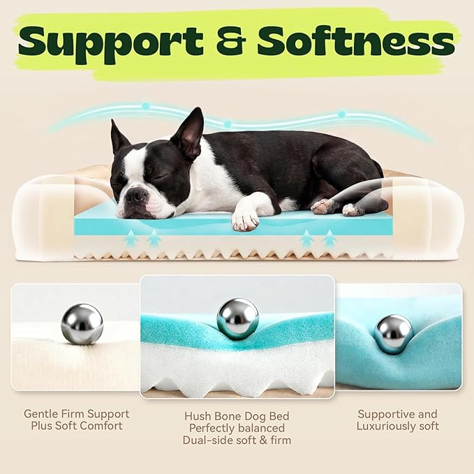 Cooling Dog Beds for Large Dogs with Removable Faux Fur Washable Covers,Waterproof Orthopedic Pet Couch Bed with Cool Gel Memory Foam and Bolster Side for Senior Pets,36" x 27" x 6.5" Beige