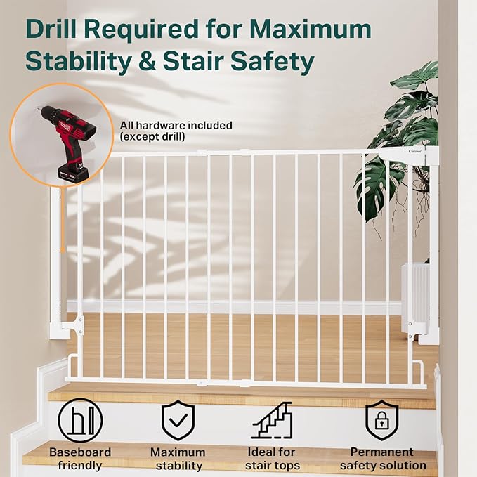 Cumbor Expandable 31.6-48" Baby Gate for Stairs, Wall-Mounted, 2-in-1 No Bottom Bar Dog Gate Indoor, Auto Close Pet Gate for Doorways with Large Walk Thru Door, Child-Proof Gate for Kids (White)