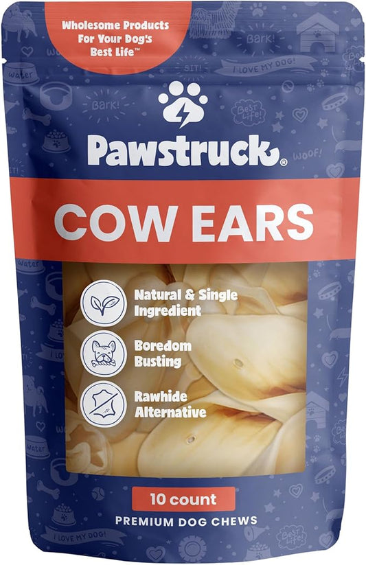 Pawstruck Natural Jumbo Cow Ears for Dogs - Healthy Rawhide Free, Highly Digestible Low Calorie & Long Lasting Dental Chew Treat for Small, Medium, Large Chewers - Pack of 10 - Packaging May Vary