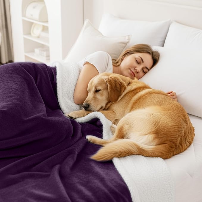 Smiry Waterproof Blanket Throw for Large Dogs, Soft Reversible Dog Blanket for Sofa Couch Bed, Washable Leakproof Sherpa Fleece Furniture Couch Protector(60"x80", Dark Purple/White)