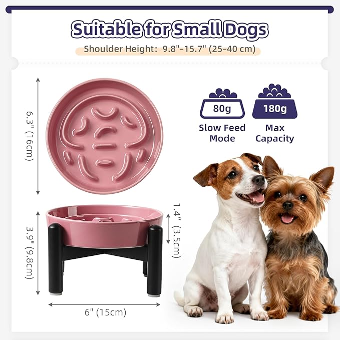 Elevated Slow Feeder Dog Bowl - Ceramic Maze Dog Food Bowl with Stainless Stand - Raised Slow Feeder for Small Breeds to Control Eating Speed - 6.3 Inch - 0.8 Cups (80g) - Pink