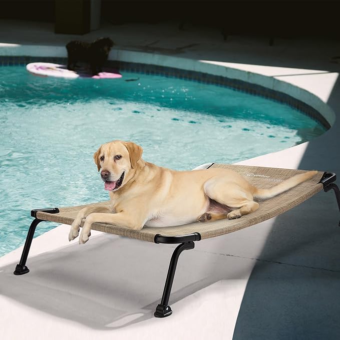 Veehoo Outdoor Elevated Dog Bed, Cooling Raised Dog Cots Beds for Large Dogs, Portable Waterproof Curved Dogs Hammock Bed for Outside, up to 120lbs, Black Legs, Beige 42"