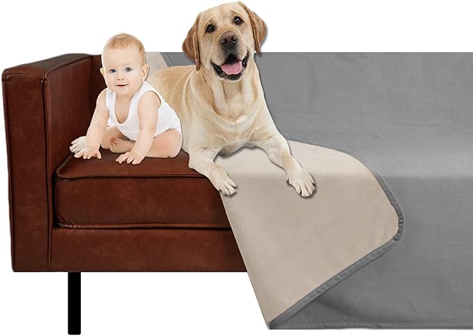 Ameritex Pet Bed Blanket Reversible 100% Waterproof Velvet Super Soft for Sofa and Bed (52x82 Inches, Light Grey+Beige)