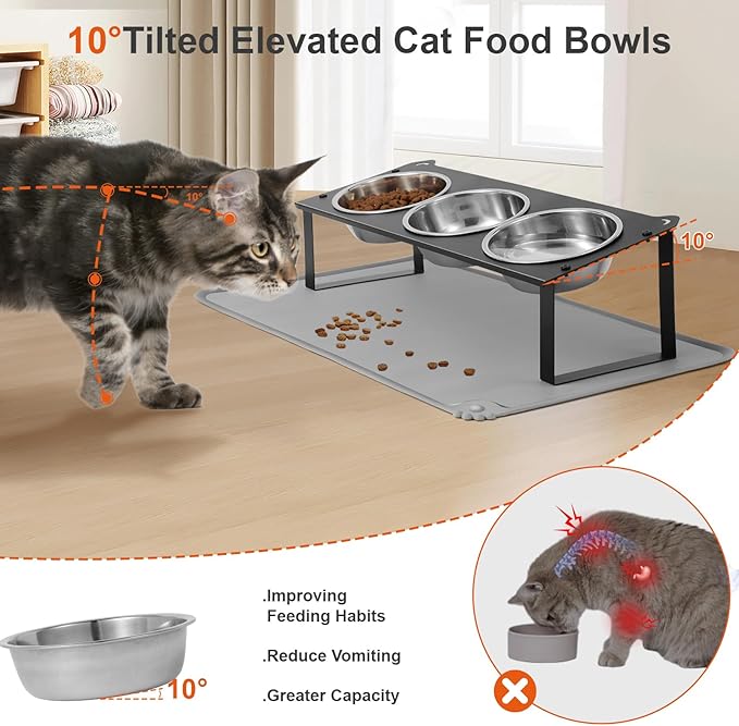 Elevated Cat Bowls with Food Mat, 10°Tilted Non-Slip Raised Cat Food Water Bowls Set, 3 Thick Stainless Steel Pets Dishes with Cute Metal Feeding Stand for Indoor Kitten Puppy, Anti-Vomiting