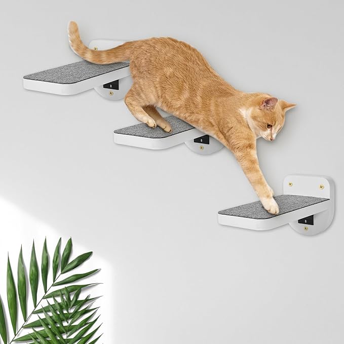 ESPETS Set of 3 Natural Wood Cat Steps for Wall - Wall Mounted Cat Shelves & Perches, Indoor Kitty Climbing Stairs & Ladder - Holds up 30lbs
