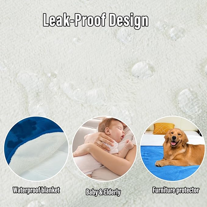 Waterproof Blanket for Bed Couch Sofa, Reversible & Reusable Cat, Dog Blanket Waterproof Washable, Small Water Resistant Blankets, Leakproof (40"x60", Blue/Warm White)