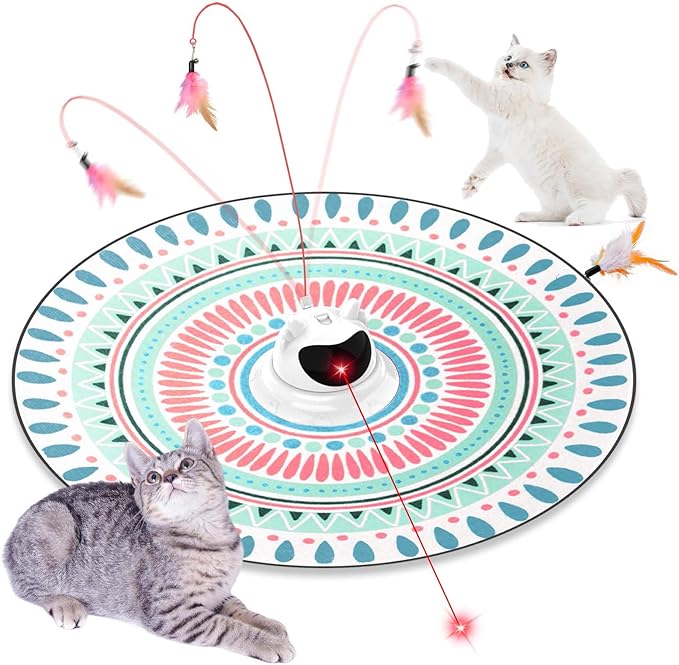 3 in 1 Automatic Interactive Cat Toy, Cat Laser Pointer Toy with Random Trajectory, Hide and Seek Moving Feather, Rechargeable Electronic Teaser Wand for Bored Indoor Cats