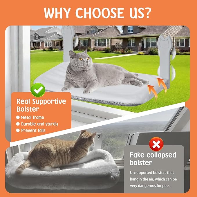 2 Pack Cat Window Perch,Cat Window Hammock Cordless Foldable Window Bed with 4 Large Strong Suction Cup,Reversible Cushion Cover,Metal Frame Easy to Adjust Window Seat Holds up to 40lbs(Dark Gray，M)