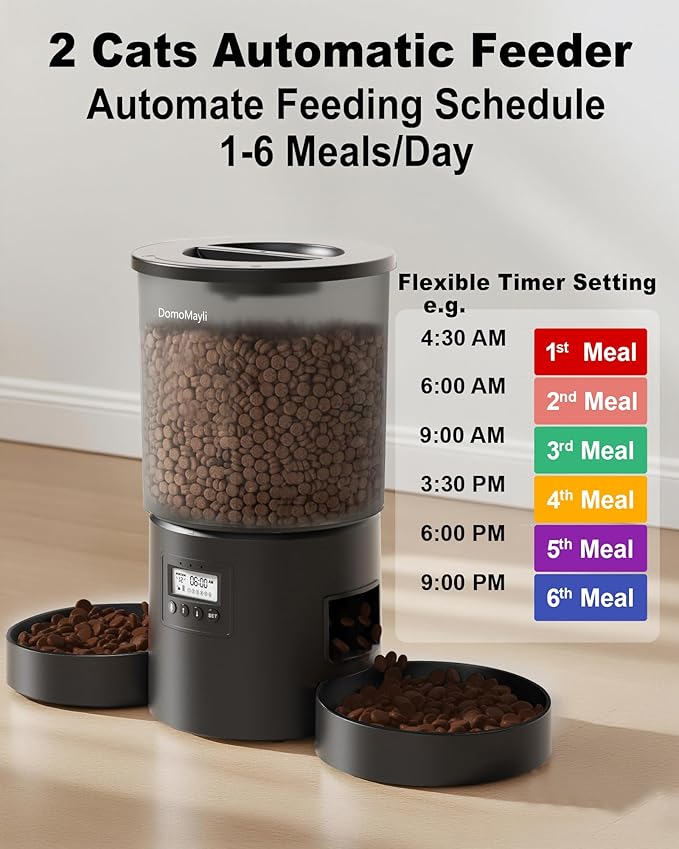 Automatic Dual Cats Feeder 2 Cats,Dual Power,Flexible Schedule Timer,6 Meals 12 Portions Per Day (Clear Black, ABS Double Bowls)