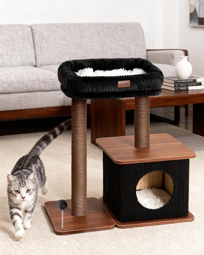 Modern Cat Tree for Indoor Cats, Nordic Loft Style, Wooden Cat Tower with Sisal Scratching Posts, Soft Padded Beds & Cozy Condos, Floor-Mounted for Kittens & Adult Cats