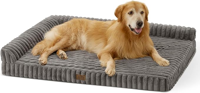 Cute Dog Bed, Faux Rabbit Fur Orthopedic Foam Dog Bed with Sides, Removable Washable Cover & Waterproof Lining, Comfortable Pet Couch for Extra Large Dogs, Grey (48" L x 35" W x 7.5" Th)
