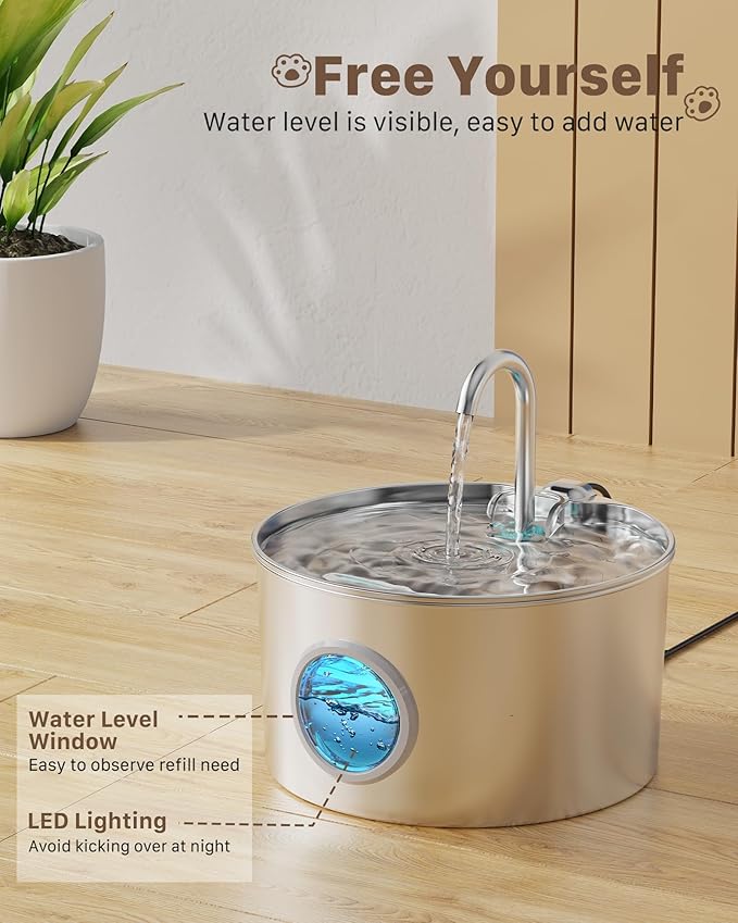 Cat Water Fountain Stainless Steel: Cat Fountain for Drinking - Pet Water Fountain for Cats Inside - 74oz/2.2L Quiet Cats Water Bowl Dispenser - Kitten Drinking Fountains - 6 Filters + 3 Sponges