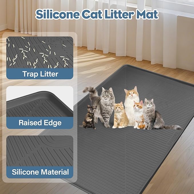 Lorvain Cat Litter Mats,45" x 30" Extra Large Silicone Cat Mat for Litter Box,Easy to Clean Kitty Litter Trapping Mat, Soft on Kitty Paws, Waterproof, Urine-Proof Kitty Litter Mats for Floor,Dark Grey