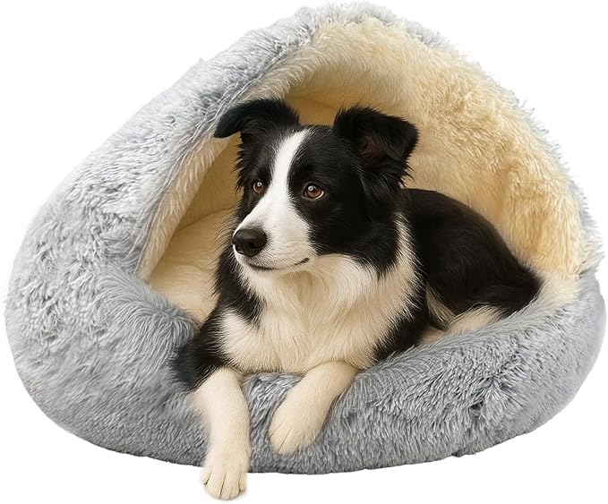 ShinHye Round Plush Fluffy Hooded Cat Bed Cave, Cozy for Indoor Cats or Small Dogs, Waterproof Bottom, Washable（30 in）