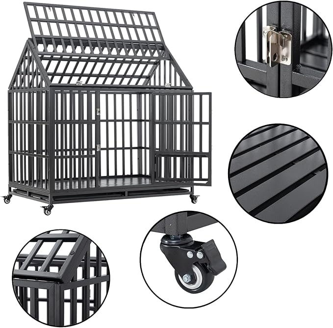 52/48/44 Inch Heavy Duty Dog Crate Indestructible and Escape-Proof Dog Cage Kennel for Large Medium Dogs Extra Large XL XXL with Lockable Wheels Removable Tray Double Door Black