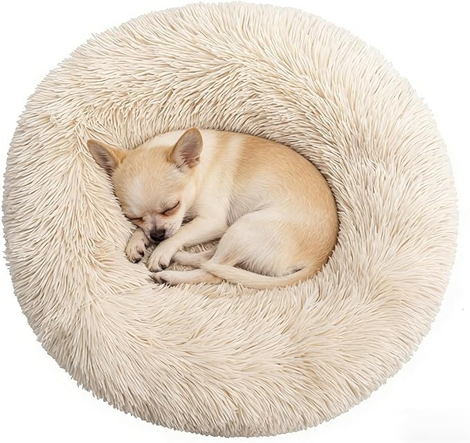 Calming Donut Dog Beds for Small Dogs Cats - Washable Removable Cover Non-Slip Bottom, Round Pet Bed Puppy Bed Warming Fluffy Faux Fur Anti-Anxiety, Fits up to 25 lbs (Beige, 23")