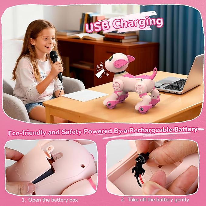 anysun Remote Control Robot Dog Toy for Kids, Programmable Smart Puppy Intelligent Learning Dancing Walking RC Robot Toys for Girls and Boys (Pink)