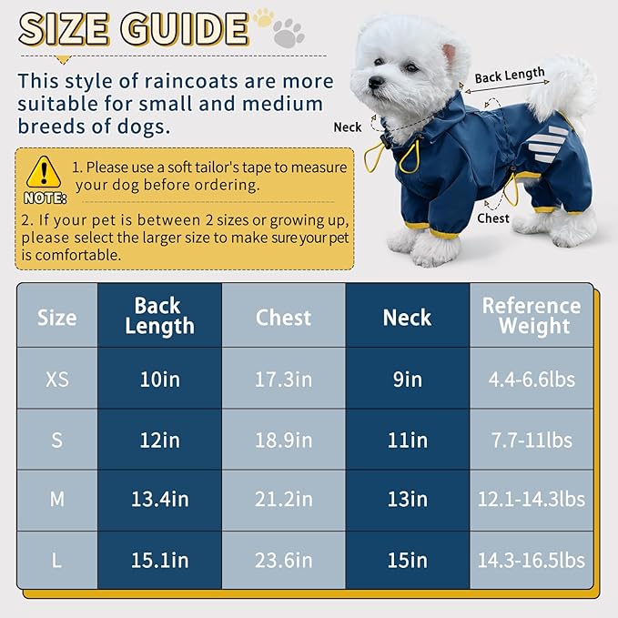 Dog Raincoat, Waterproof Dog Rain Jacket with Hood, Rain Coat with Leash Hole, Reflective Strap for Small Medium Dogs, Lightweight Puppy Clothes(Blue,XS)