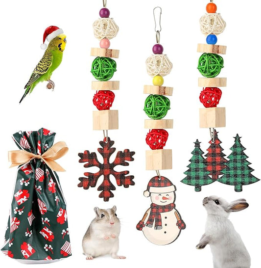 Christmas Bunny Chew Toys, Natural Guinea Pig Toys,3pcs Perfect Chews Hanging Wood Toy for Pet Rabbits Chinchillas Hamsters and Other Small Animals Teeth Grinding