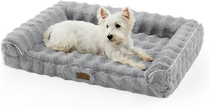 Faux Rabbit Fur Orthopedic Dog Bed, Dog Bed for Large Size, Supportive Foam Pet Sofa with Waterproof Lining Cover, Washable U-Shaped Pet Couch with Anti-Slip Bottom, Grey L 36x27x6.5 inch