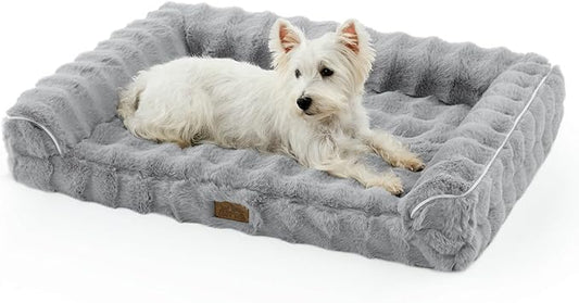 Faux Rabbit Fur Orthopedic Dog Bed, Dog Bed for Large Size, Supportive Foam Pet Sofa with Waterproof Lining Cover, Washable U-Shaped Pet Couch with Anti-Slip Bottom, Grey L 36x27x6.5 inch
