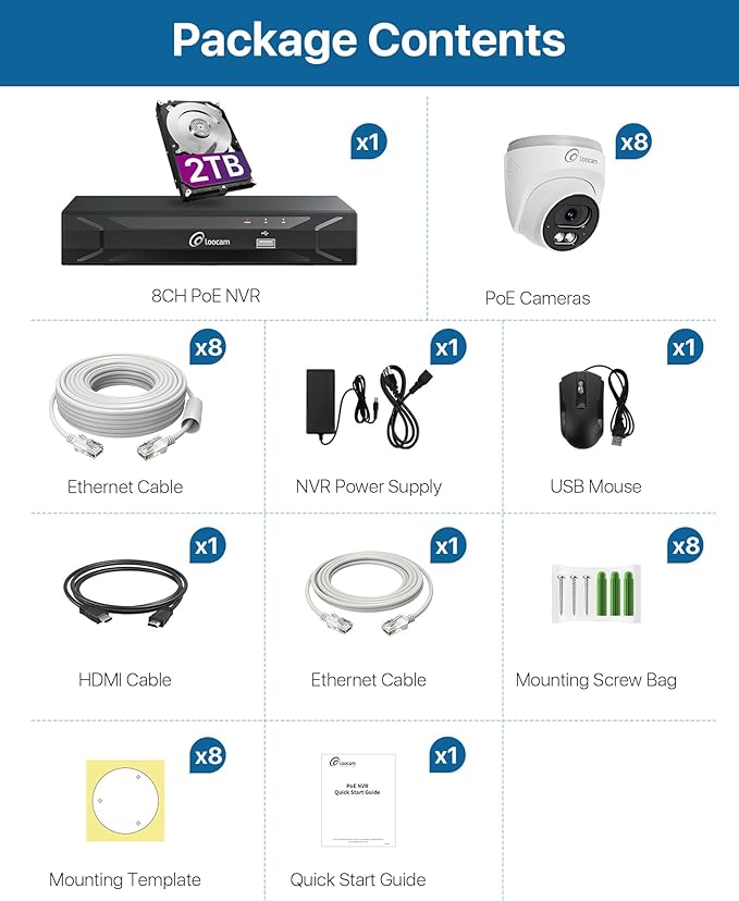 Loocam PoE Security Camera System 8CH 5MP NVR, 8Pcs 4MP Dome IP Cameras Wired Surveillance Camara System, AI Motion Human Detection, Two-Way Audio, 2TB HDD for 24/7 Record Outdoor Indoor, App Remote