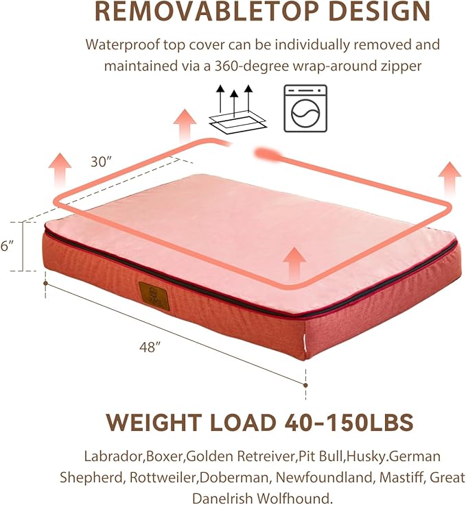 Orthopedic Memory Foam XXL Dog Bed - 6" Thick Beds for Extra Large Sized Dog - Waterproof Removable Washable Cover & Wrap-Around Zipper - Ultimate Comfort & Easy Maintenance, Pink