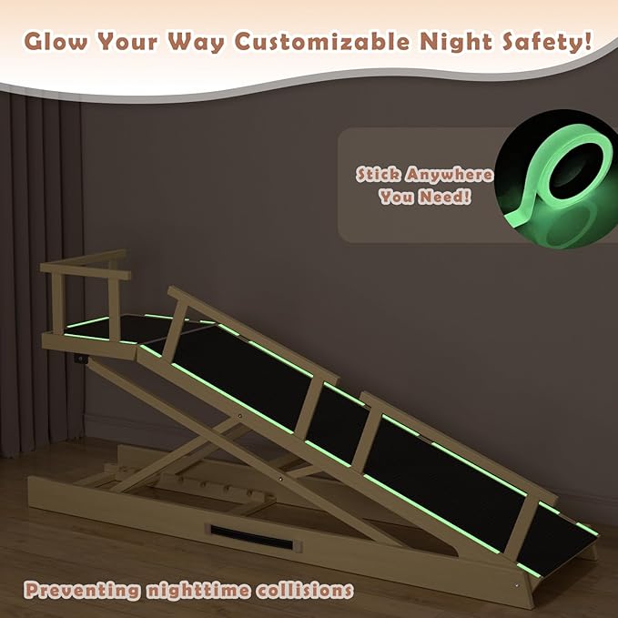 65" Foldable Dog Ramp for Bed, 6 Level（13"-32"） Heavy Duty Adjustable Dog Ramp for Car Pet Ramp with EVA Non-Slip Surface, Rest Platform & Glow Strips for Large Dogs up to 200Lbs (Wood Color)