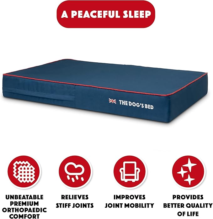 The Dog’s Bed Orthopedic Memory Foam Dog Bed, XL Blue Oxford with Red Trim UK Flag, Pain Relief for Arthritis, Hip & Elbow Dysplasia, Post Surgery Supportive, Waterproof Washable, Veterinary Approved
