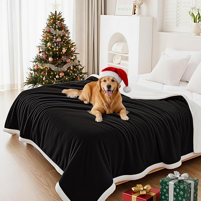 Smiry Waterproof Blanket Throw for Large Dogs, Soft Reversible Dog Blanket for Sofa Couch Bed, Washable Leakproof Sherpa Fleece Furniture Couch Protector(60"x80", Black/White)