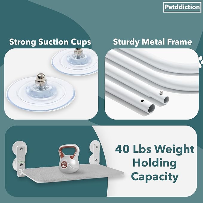 Cat Window Perch Hammock | Window Cat Bed Seat | Foldable Cordless Glass Ledge | Space-Saving Sill Extender | Heavy-Duty Frame | Strong Suction Mount | Reversible Machine-Washable Cover