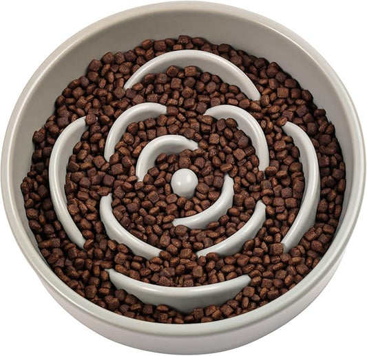 Grey Ceramic Slow Feeder Dog Bowl for Medium and Large Breed,1.5 Cup 8.26 in Slow Feeding Bowl,Puzzle Dog Food Bowl for Fast Eater,Maze Dish for Fast Eater