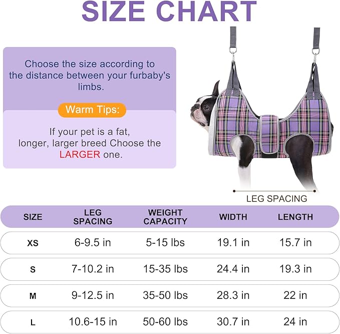 BEAUTYZOO Dog Grooming Hammock for Small Dogs Cat- Dog Sling for Nail Trimming/Clipping- Dogs Hanging Harness Holder with Thick Fabric Neck Support & Strap Restraint Claw Care, Purple S