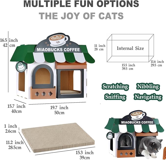 Cardboard Cat House with Scratcher – Coffee Shop Design, 19''L x16''W x15''H, Indoor/Outdoor Cat Playhouse & Hideout, Corrugated Cat Scratch Toy for Cats up to 22 lbs, Small Pets, Cute Home Decor Gift