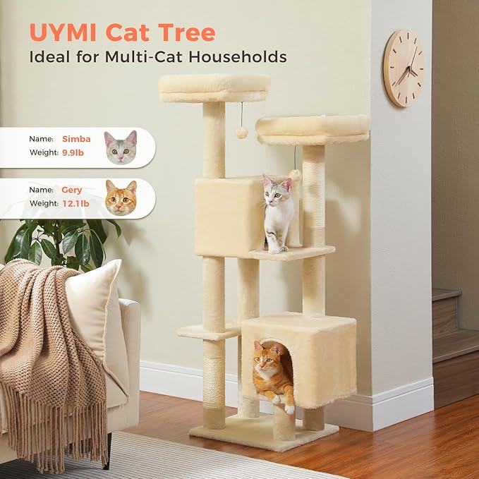 Cat Tree, 52.4 Inch Multi-Level Cat Tower for Indoor Cats with Dual Padded Top Perches, 2 Condos & Scratching Posts, Plush Cat Furniture for Kittens and Medium Cats, Beige
