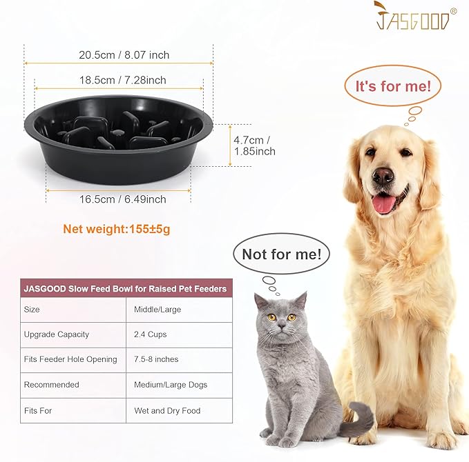 JASGOOD Dog Feeder Slow Eating Pet Bowl for Raised Pet Feeders Preventing Choking Food Water Bowl Elevated Diners Replacement Bowl (Black,Fit Opening 7.5"-8")