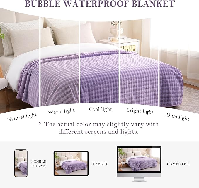 Waterproof Blanket for Bed Couch Sofa Car, Soft Leakproof Dog Blanket with 3D Bubble Pattern, Reversible Water Proof Pet Blankets for Dogs Cats Puppies (60"x80", Dusty Purple)
