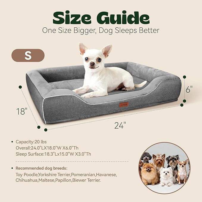 Orthopedic Dog Beds for Small Dogs with Removable Washable Cover,Cooling Gel Memory Foam with Egg-Crate Foam & Foam Sides Bolster Waterproof,Relieves Joint Pain,24"x18"x6"Dark Grey