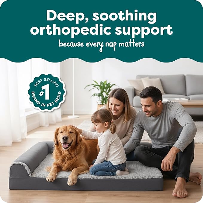 Furhaven Orthopedic Dog Bed for Large Dogs w/ Removable Bolsters & Washable Cover, For Dogs Up to 95 lbs - Two-Tone Plush Faux Fur & Suede L Shaped Chaise - Stone Gray, Jumbo/XL