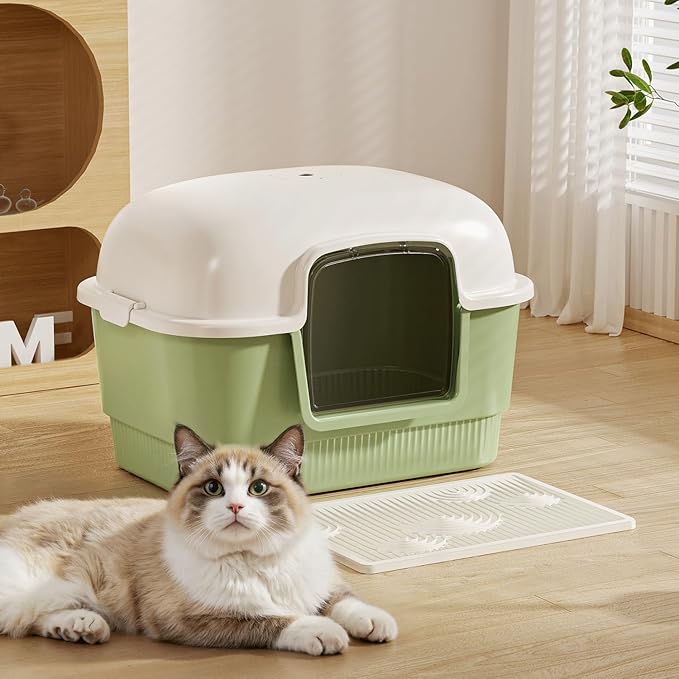 Cat Litter Box with Litter Mat and Scoop,High Wall Enclosed Cat Litter Boxes for Anti-Leakage, Covered Kitty Litter Box with Handle and Buckles for Portability and Privacy, Odor Control (Green)
