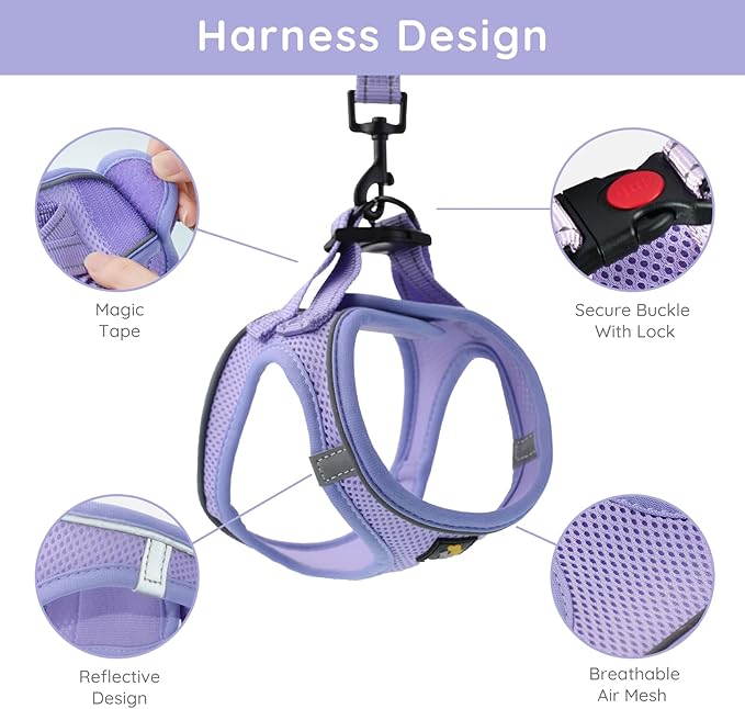 BELLA & PAL Step in Vest Harness for Small and Medium Dogs, No Pull Small Dog Harness with Leash Set, Comfortable Air Mesh Dog Vest Harness with Reflective Strip (Lavender, XXS)