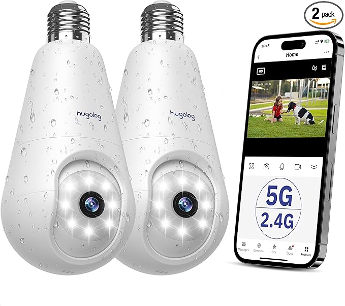 Hugolog 2K 3MP Light Bulb Security Camera 5G& 2.4GHz WiFi, 360° Wireless Outdoor Indoor Camera for Home, Motion Detection, Two-Way Talk, Color Night Vision, Siren Alarm, Compatible with Alexa(2 Pack)