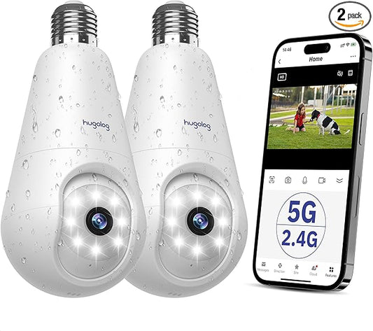 Hugolog 2K 3MP Light Bulb Security Camera 5G& 2.4GHz WiFi, 360° Wireless Outdoor Indoor Camera for Home, Motion Detection, Two-Way Talk, Color Night Vision, Siren Alarm, Compatible with Alexa(2 Pack)