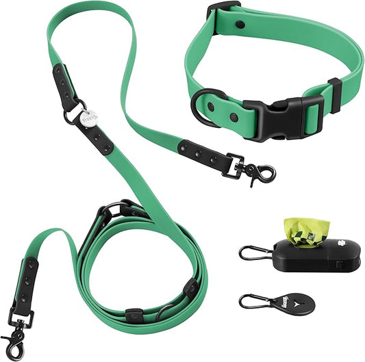 WLK1006K-5SET Luna Large 8FT Adjustable 6-in-1 Waterproof Hands-Free Leash and Collar with LED Flashlight, Bag Dispenser, and Poop Bag Holder, Julep
